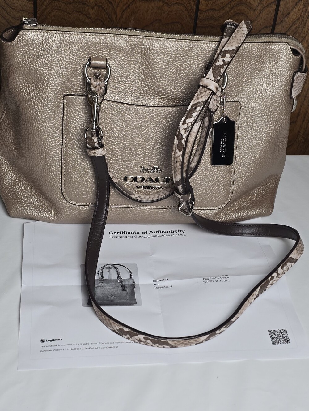 Coach Metallic Champagne Leather Shoulder Bag with Snake-Print Strap W/COA